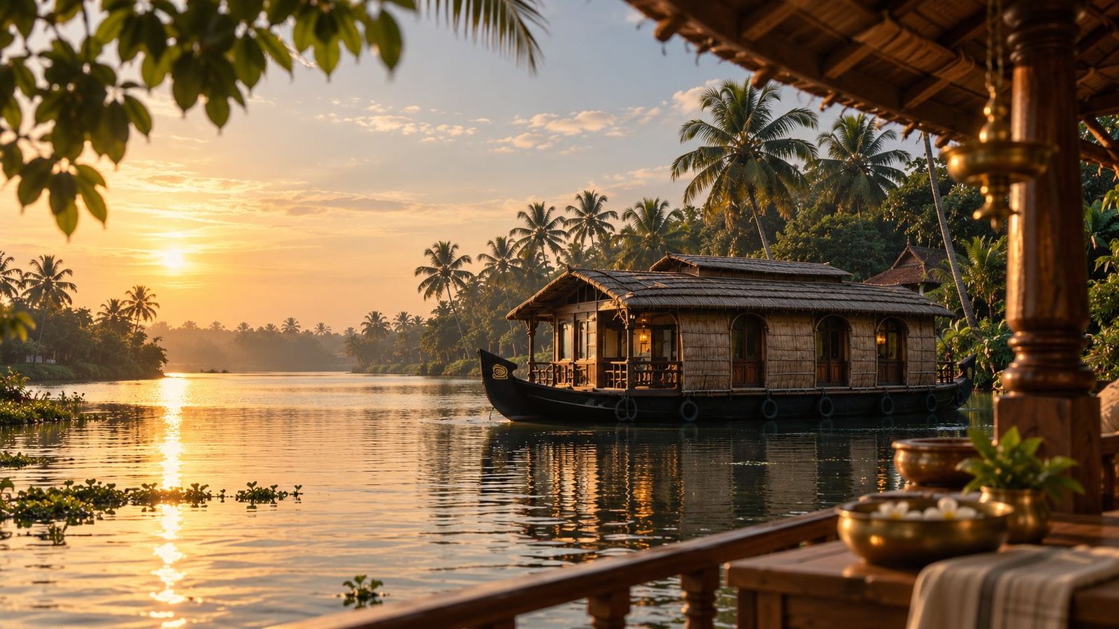 A traditional boat gliding down a palm-lined Kerala backwater at golden hour